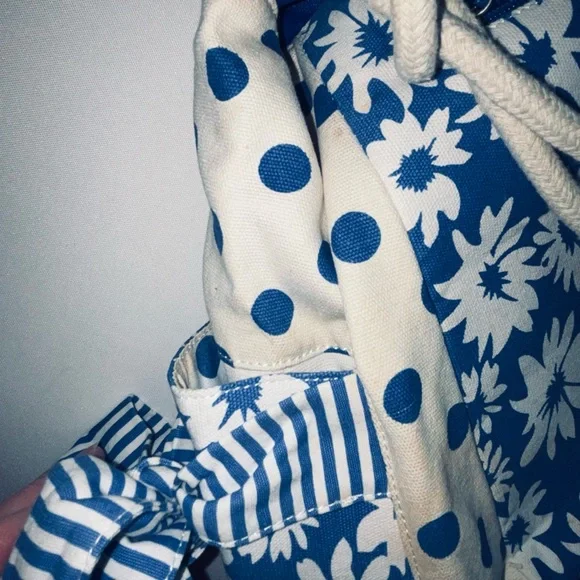 Ciro Citterio Canvas Tote Bag Blue/White w 22" Rope Handle Bows Sides and Front - Picture 6 of 12